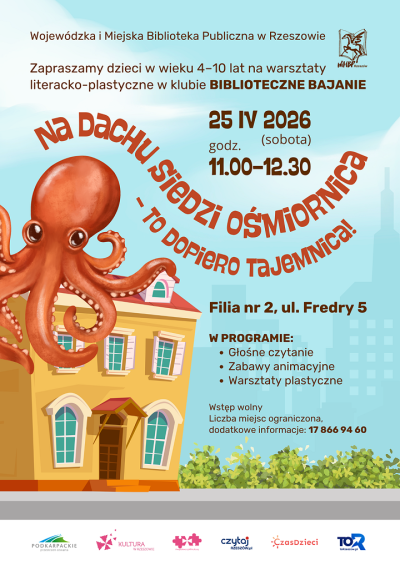 Grafika promująca spotkanie dla dzieci Na dachu siedzi ośmiornica